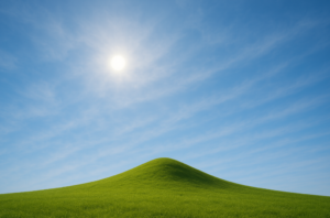 En grön kulle mot blå himmel och en sol