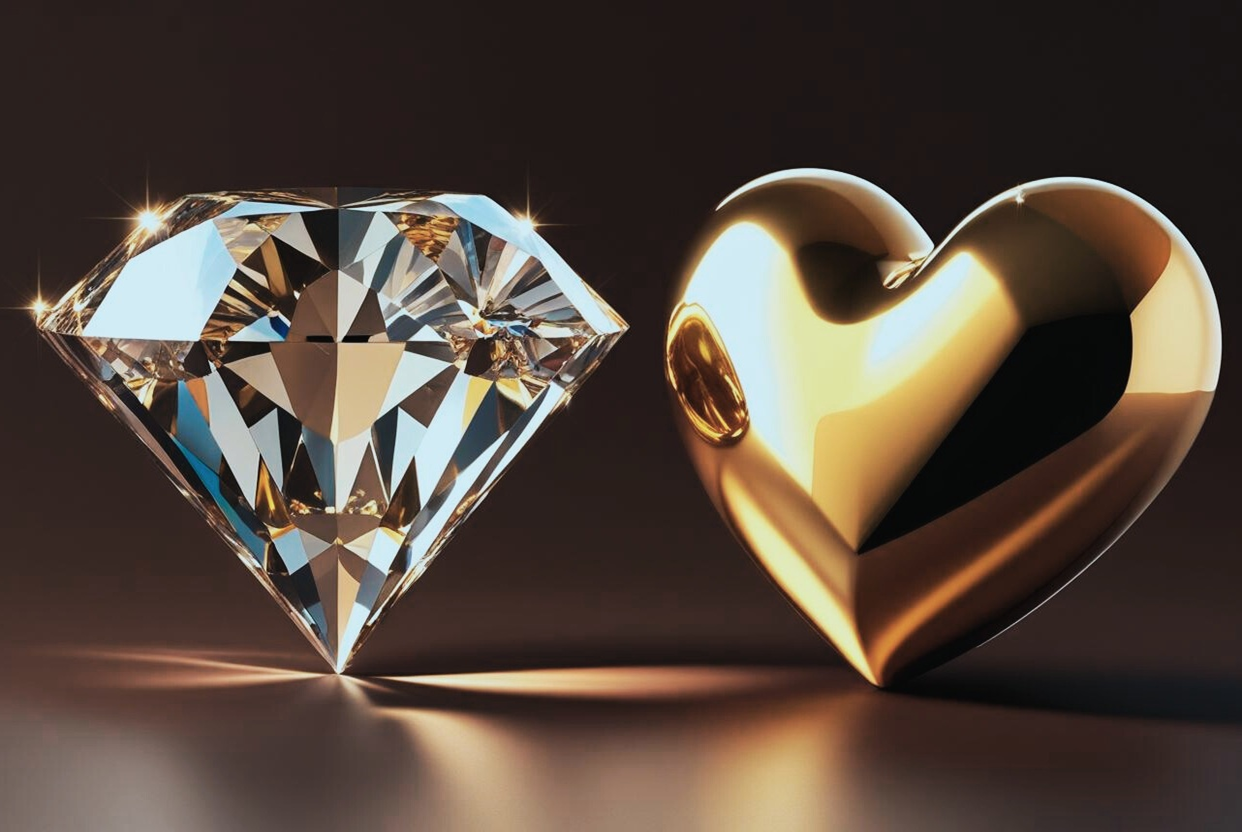 En diamant och en glaskub bredvid varandra